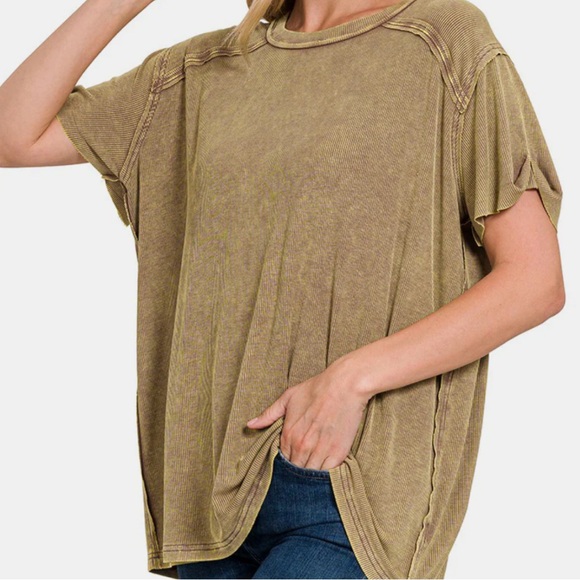 Zenana acid Washed Ribbed Short Sleeve Top Medium  Distressed New Boutique - Picture 8 of 12